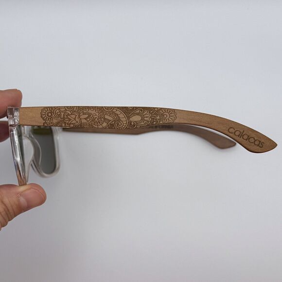 Calacas Eyewear Polarized Sunglasses Blue Lenses Clear & Wood Frame - Picture 7 of 10